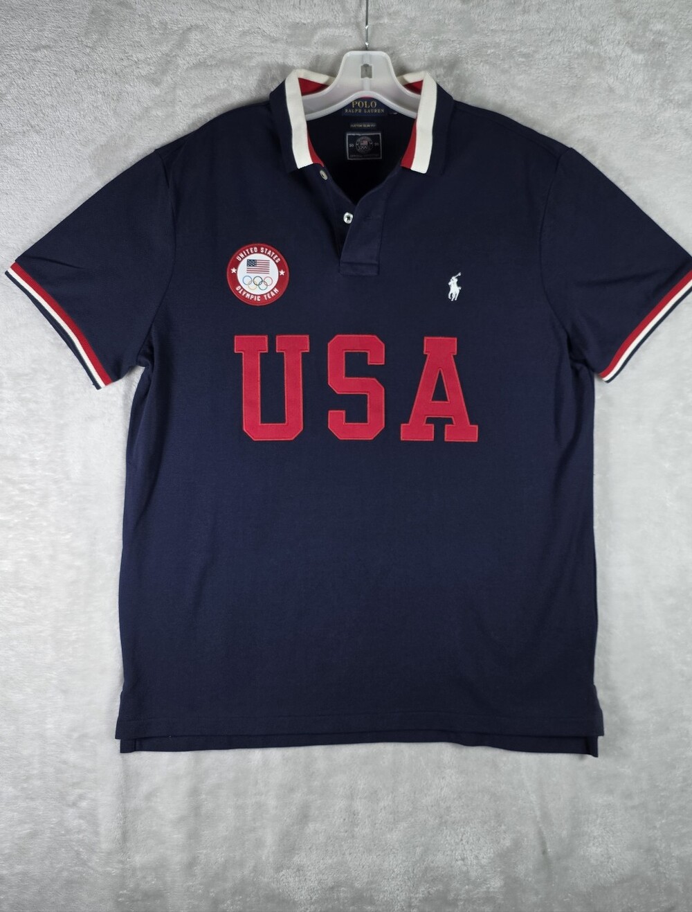 Polo Ralph Lauren USA Olympic Team Polo Mens Size Large Custom Slim Navy Blue